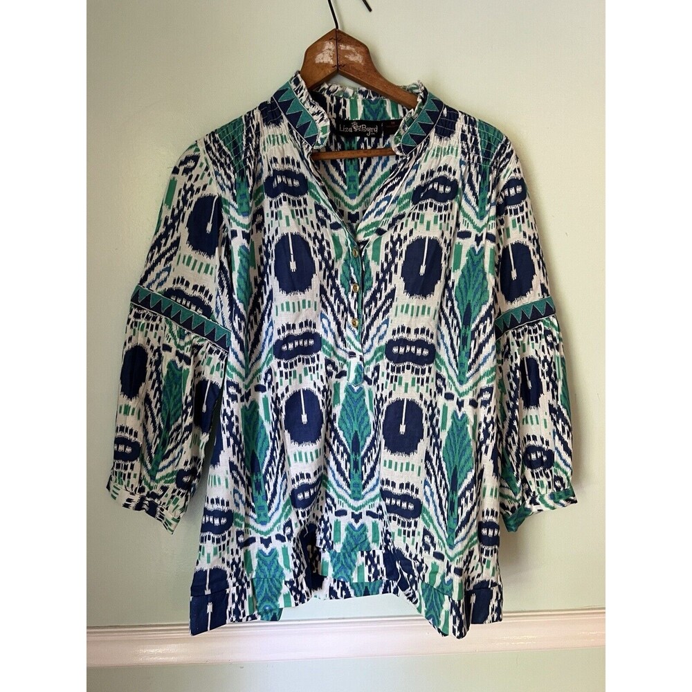 Liza Byrd Womens M Turquoise Navy‎ Blue Print Long Sleeve boho tunic top Ikat